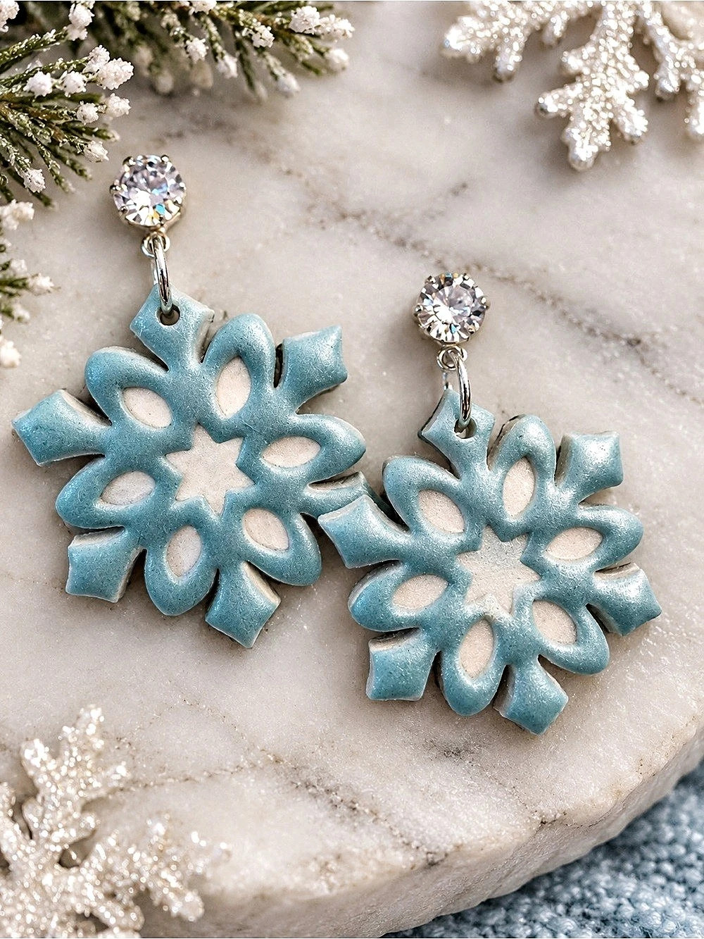 Blue & Silver Snowflake Drop Handmade Polymer Clay Earrings